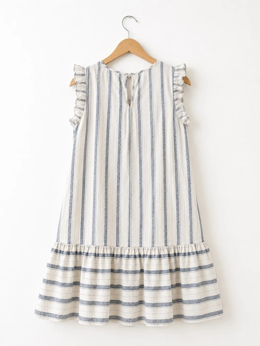 Linen Blend Coastal Stripe Ruffle Sleeve Midi Dress Blue White Cottagecore - Picture 4 of 4